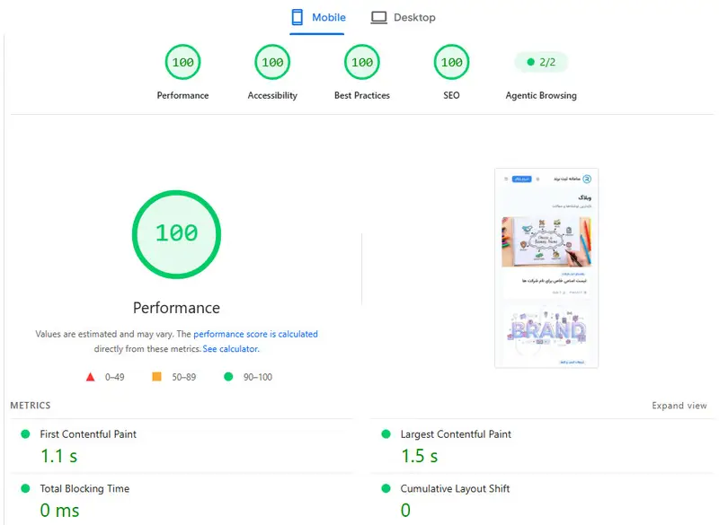 نمونه نمرات pagespeed گوگل